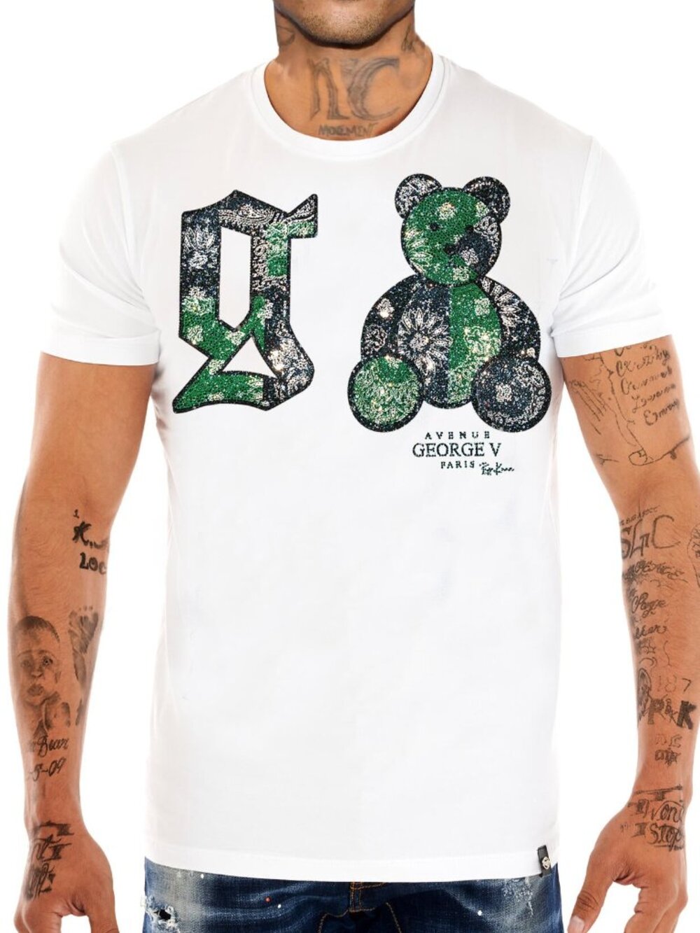 Avenue George V Paris T-Shirt Men's White Short Sleeve Rhinestone Teddy Bear